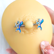 Load image into Gallery viewer, 14G 9/16 Blue Gem Blue Mermaid Tail Stars Barbell Nipple Ring  Set
