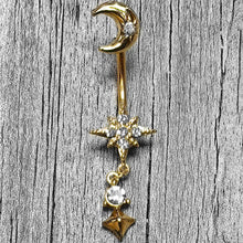 Load image into Gallery viewer, Clear Gem Gold Tone Celestial Glam Dangle Double Mount Belly Ring
