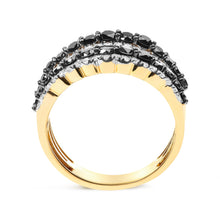 Load image into Gallery viewer, 14K Yellow Gold Plated .925 Sterling Silver 1 3/4 Cttw Treated Black and White Alternating Diamond Multi Row Band Ring (Black / I-J Color, I2-I3 Clarity) - Size 7
