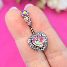 Load image into Gallery viewer, Pink Gem Mermaid Scale Heart Double Mount Belly Ring
