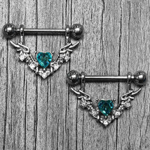 Load image into Gallery viewer, 14G 9/16 Blue Gem Winged Hearts Angel Dangle Nipple Ring Set
