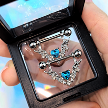 Load image into Gallery viewer, 14G 9/16 Blue Gem Winged Hearts Angel Dangle Nipple Ring Set
