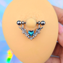 Load image into Gallery viewer, 14G 9/16 Blue Gem Winged Hearts Angel Dangle Nipple Ring Set
