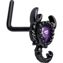 Load image into Gallery viewer, 20G 7mm Purple Gem Black Goth Scorpion L Shape Nose Ring
