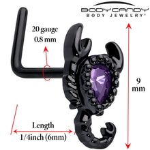 Load image into Gallery viewer, 20G 7mm Purple Gem Black Goth Scorpion L Shape Nose Ring
