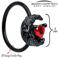 Load image into Gallery viewer, 20G 5/16 Red Gem Black Scroll Moon Heart Nose Hoop
