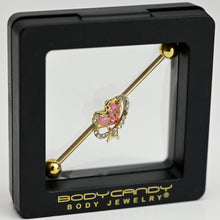 Load image into Gallery viewer, 14G Clear Pink Gem Gold Tone Circle Heart Industrial Barbell 38mm
