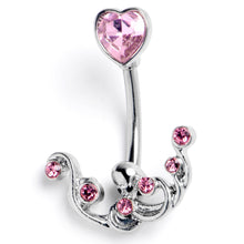 Load image into Gallery viewer, Pink Gem Heart Scrolling Elegance Double Mount Belly Ring
