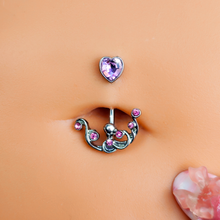 Load image into Gallery viewer, Pink Gem Heart Scrolling Elegance Double Mount Belly Ring
