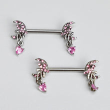 Load image into Gallery viewer, 14G 9/16 Pink Gem Moon Bow Heart Dangle Nipple Ring Set

