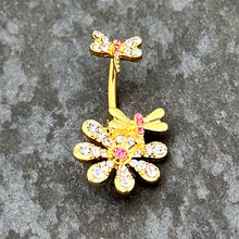 Load image into Gallery viewer, Clear Pink Gem Gold Tone Flower Bug Double Mount Belly Ring
