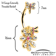 Load image into Gallery viewer, Clear Pink Gem Gold Tone Flower Bug Double Mount Belly Ring
