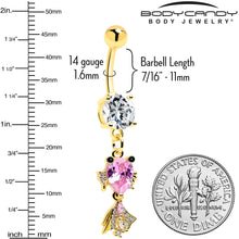 Load image into Gallery viewer, Clear Pink CZ Gem Gold Tone Fanciful Fish Dangle Belly  Ring
