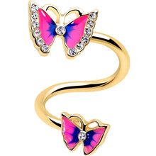 Load image into Gallery viewer, Clear Gem Gold Tone Butterfly Pink Blue Spiral Twister Belly Ring
