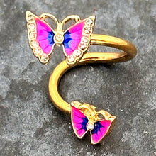 Load image into Gallery viewer, Clear Gem Gold Tone Butterfly Pink Blue Spiral Twister Belly Ring

