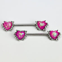 Load image into Gallery viewer, 14G 9/16 Pink Faux Opal Sun Heart Barbell Nipple Ring Set
