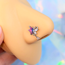 Load image into Gallery viewer, 20G 7mm Clear Gem Purples Dazzling Butterfly L Shape Nose Ring

