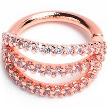 Load image into Gallery viewer, 16G 5/16 Clear CZ Gem Rose Gold Tone Faux Triple Hoop Closure Ring
