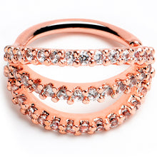 Load image into Gallery viewer, 18G 5/16 Clear CZ Gem Rose Gold Tone Faux Triple Hoop Closure Ring

