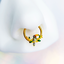 Load image into Gallery viewer, 16G 3/8 Green Gem Gold Tone Tropical Toucan Hinged Segment Ring
