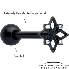 Load image into Gallery viewer, Clear CZ Gem Black Gothic Star Barbell Tongue Ring
