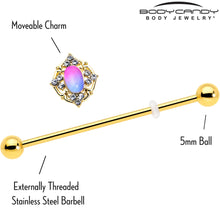 Load image into Gallery viewer, 14G Pink Tourmaline Gold Tone Wondrous Industrial Barbell 38mm
