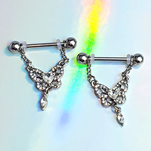 Load image into Gallery viewer, 14G 9/16 Clear Gem Whimsical Butterfly Dangle Nipple Ring Set
