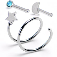 Load image into Gallery viewer, 20G Aqua Gem Crescent Moon Nose Bone Star Twister Double Nose Hoop Ring 3 Pack
