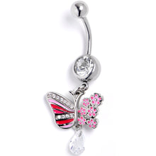 Load image into Gallery viewer, Clear CZ Gem Flowery Butterfly Pink Dangle Belly Ring
