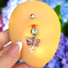 Load image into Gallery viewer, Clear CZ Gem Flowery Butterfly Pink Dangle Belly Ring
