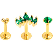 Load image into Gallery viewer, 16G 1/4 Green CZ Gem Gold Tone Royal Glam Labret Tragus Set of 3
