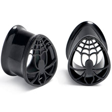Load image into Gallery viewer, Black Spider Web Double Flare Teardrop Tunnel Plug Set Sizes 8mm to 16mm
