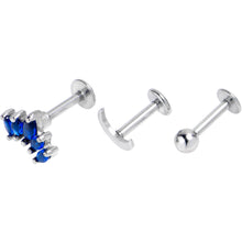 Load image into Gallery viewer, 16G 1/4 Blue CZ Gem Moon Arch Labret Tragus Set of 3
