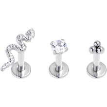 Load image into Gallery viewer, 16G 1/4 Clear CZ Gem Snake Ball Trio Labret Tragus Set of 3
