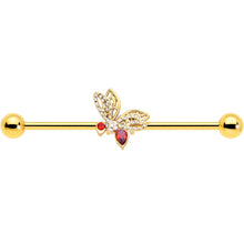 Load image into Gallery viewer, 14G Red CZ Gem Gold Tone Drama Butterfly Industrial Barbell 38mm
