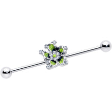 Load image into Gallery viewer, 14G Clear CZ Gem Go Green Flower Industrial Barbell 38mm
