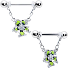 Load image into Gallery viewer, 14G 9/16 Clear CZ Gem Go Green Flower Chain Dangle Nipple Ring Set
