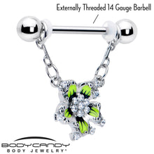 Load image into Gallery viewer, 14G 9/16 Clear CZ Gem Go Green Flower Chain Dangle Nipple Ring Set
