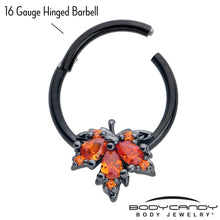 Load image into Gallery viewer, 16G 3/8 Orange CZ Gem Black Autumn Leaf Hinged Segment Ring
