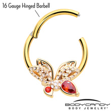 Load image into Gallery viewer, 16G 3/8 Red CZ Gem Gold Tone Drama Butterfly Hinged Segment Ring
