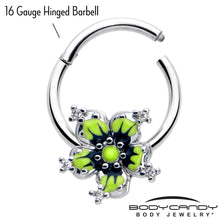 Load image into Gallery viewer, 16G 3/8 Clear CZ Gem Go Green Flower Hinged Segment Ring
