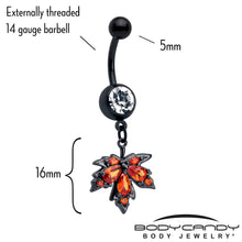 Load image into Gallery viewer, Orange CZ Gem Black Autumn Leaf Dangle Belly Ring
