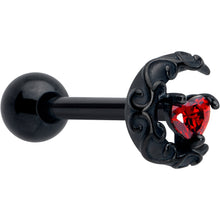 Load image into Gallery viewer, Red CZ Gem Black Scroll Moon Heart Barbell Tongue Ring
