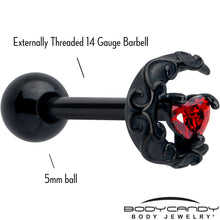 Load image into Gallery viewer, Red CZ Gem Black Scroll Moon Heart Barbell Tongue Ring
