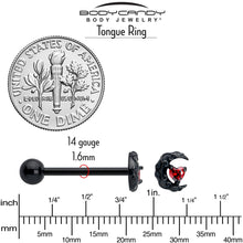 Load image into Gallery viewer, Red CZ Gem Black Scroll Moon Heart Barbell Tongue Ring

