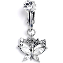 Load image into Gallery viewer, Clear CZ Gem Butterfly Bling Dangle Clip on Fake Belly Ring
