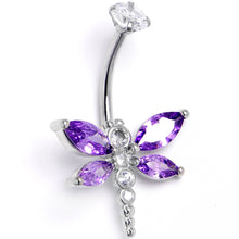 Load image into Gallery viewer, Clear Purple CZ Gem Internally Threaded Dragonfly Style Belly Ring

