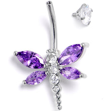 Load image into Gallery viewer, Clear Purple CZ Gem Internally Threaded Dragonfly Style Belly Ring
