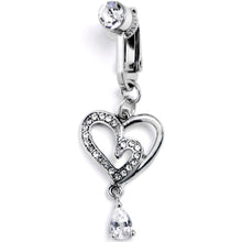 Load image into Gallery viewer, Clear CZ Gem Asymmetrical Heart Dangle Clip On Fake Belly Ring

