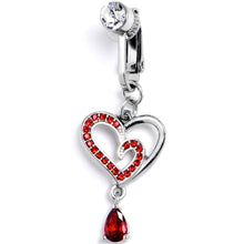 Load image into Gallery viewer, Red CZ Gem Asymmetrical Heart Dangle Clip On Fake Belly Ring
